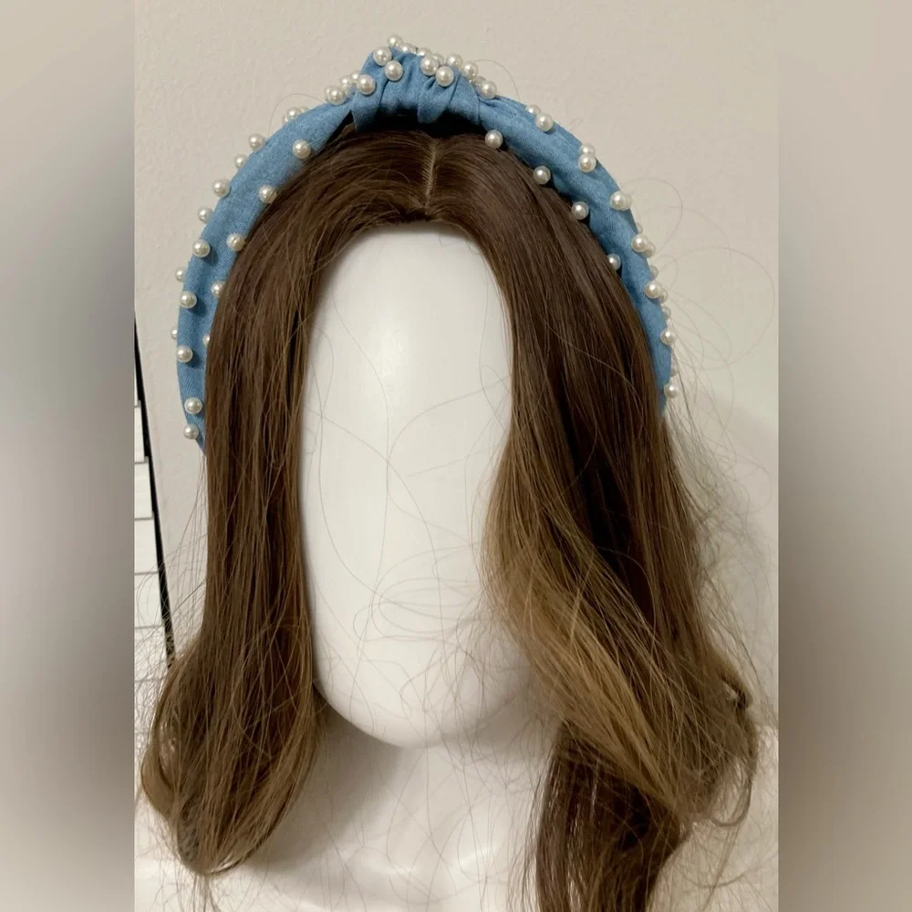 WHBM Denim headband with faux pearls. Luminous faux pearls take the knotted